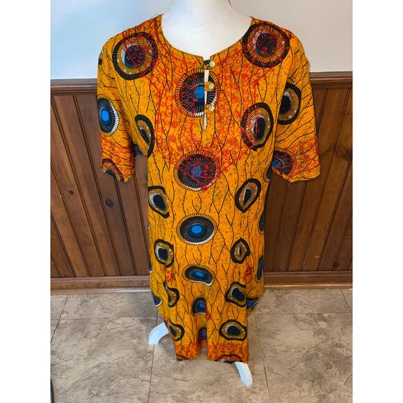 Womens The‎ African Star Tribal Yellow Abstract Print 100% Cotton Midi Dress Med - Picture 1 of 10